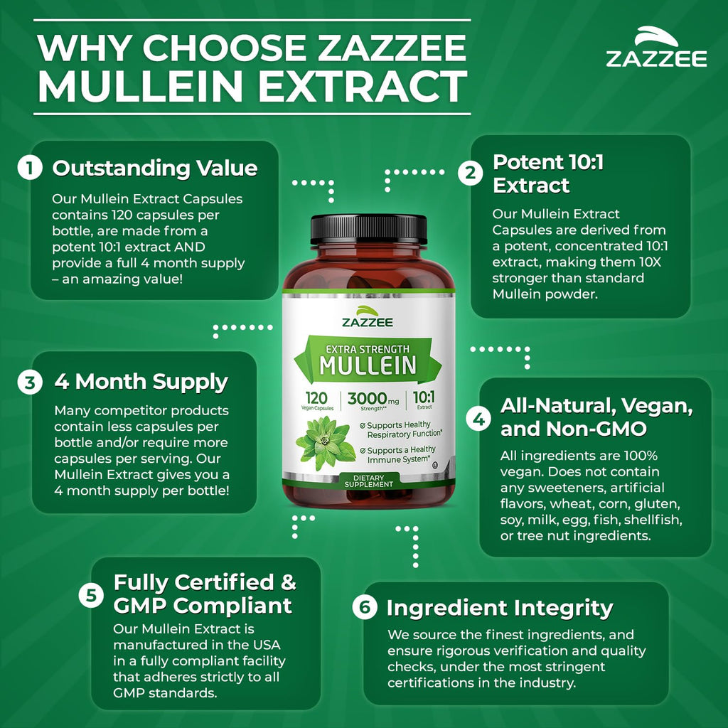 Zazzee Extra Strength Mullein Leaf 10:1 Extract, 120 Vegan Capsules | 4 Month Supply, Respiratory & Lung Support, Certified Kosher, 100% Pure Leaf Powder, Verbascum Thapsus, Non-GMO, Made in USA