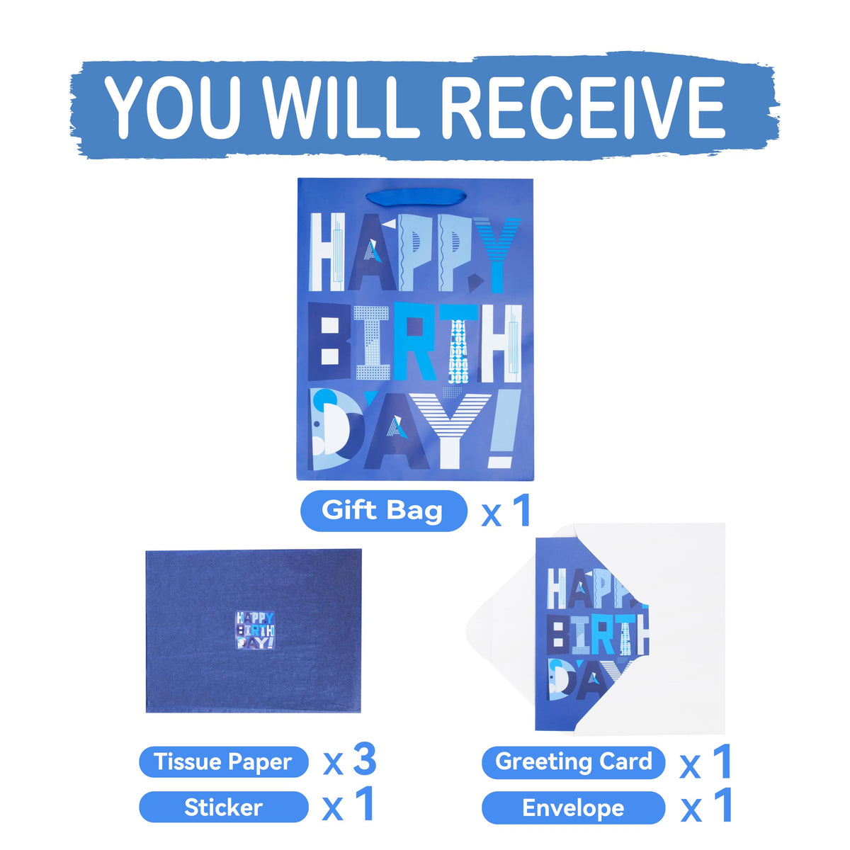 wishinside 13" Large Blue Gift Bags Set with Greeting Card and Tissue Papers (Blue Happy Birthday) for Men's Birthday Party, Father, Grandpa, Kids' Parties, Baby Boy - 13”x10.2”x5.2”, 1 Pcs