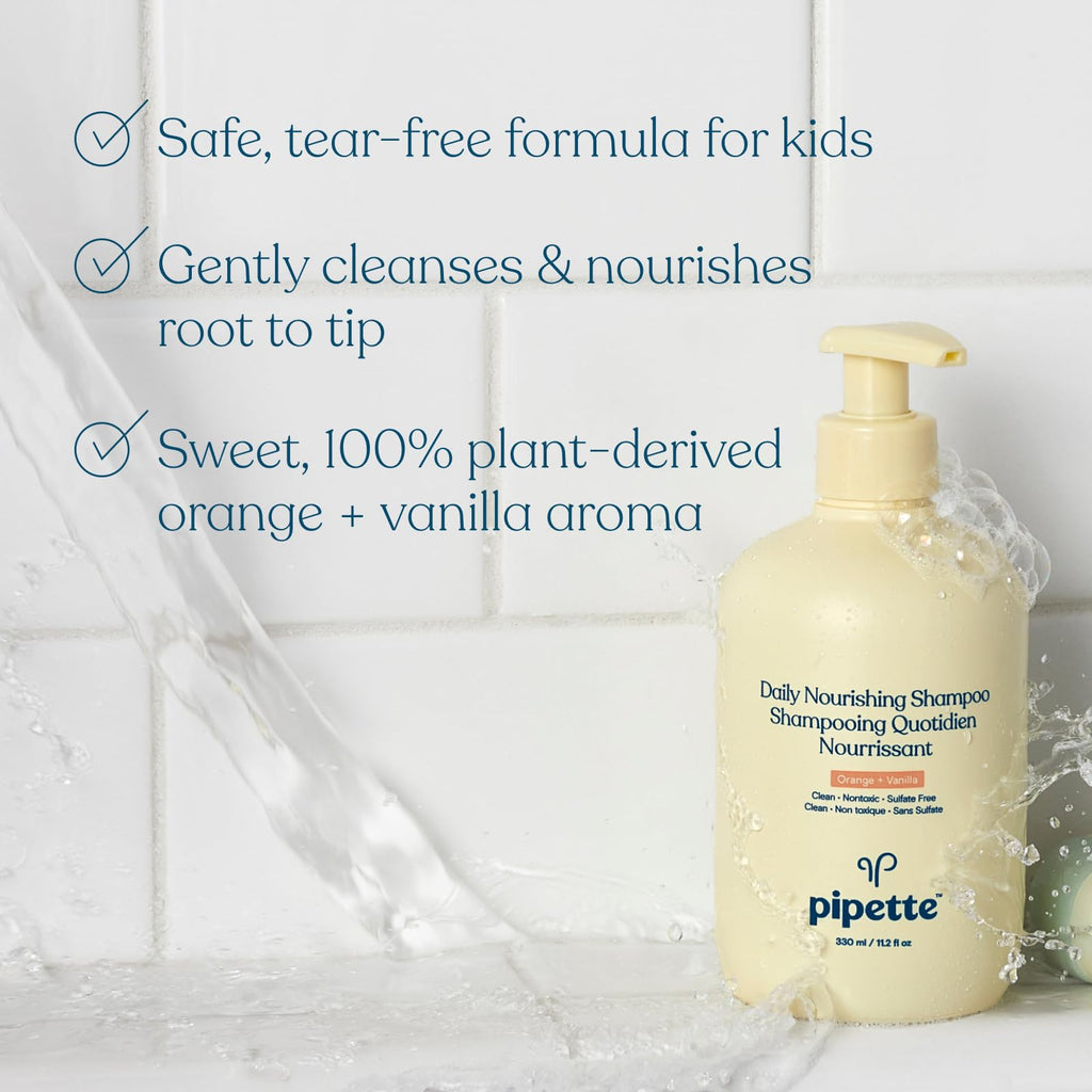 Pipette Daily Nourishing Shampoo and Conditioner Duo, Clean, Tear-Free Shampoo For Kids, Detangling Conditioner For Kids, Sulfate-Free, Paraben-Free, Silicone-Free, Hypoallergenic, Non-Toxic