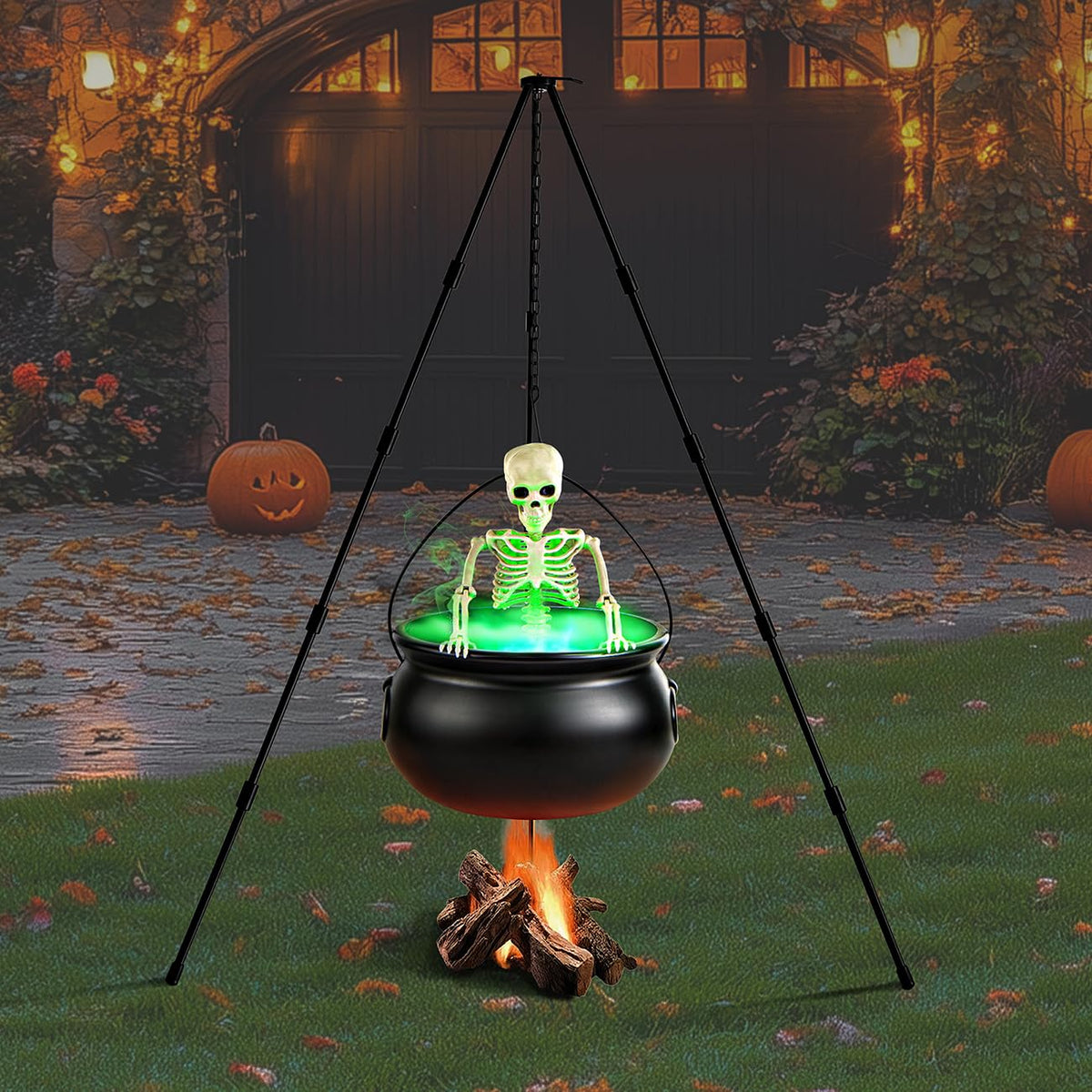 Halloween Decorations Outdoor Witch Cauldron Tripod with Fog Maker & Skull