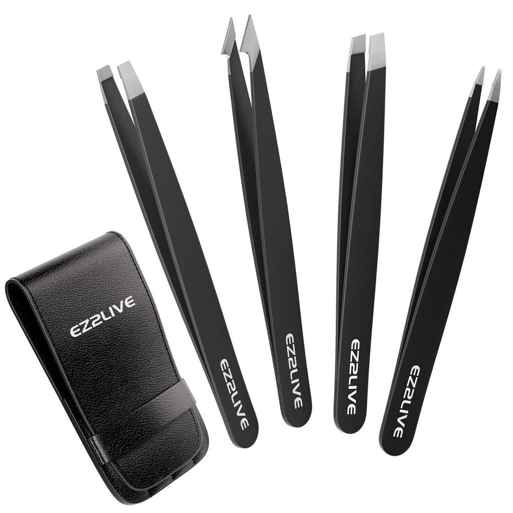 Tweezers for Women Facial Hair, Slant & Pointed Tweezers for Eyebrows, Ingrown Hair, Splinter Removal, Precision 4 Pack Tweezer Set, Stainless Steel Eyebrow Tweezers for Men and Women, Black