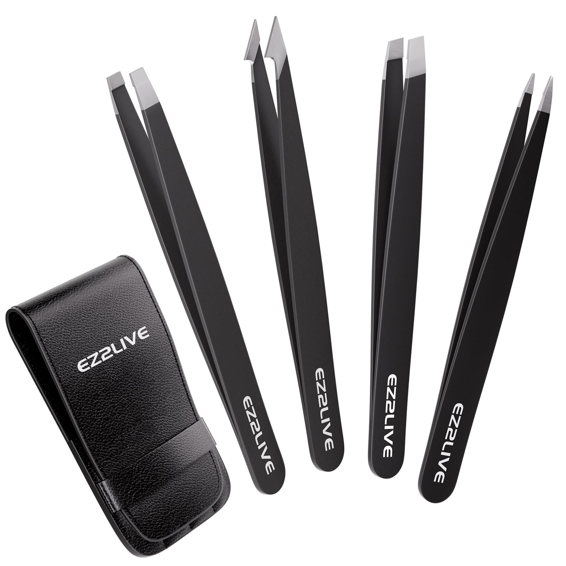 Tweezers for Women Facial Hair, Slant & Pointed Tweezers for Eyebrows, Ingrown Hair, Splinter Removal, Precision 4 Pack Tweezer Set, Stainless Steel Eyebrow Tweezers for Men and Women, Black