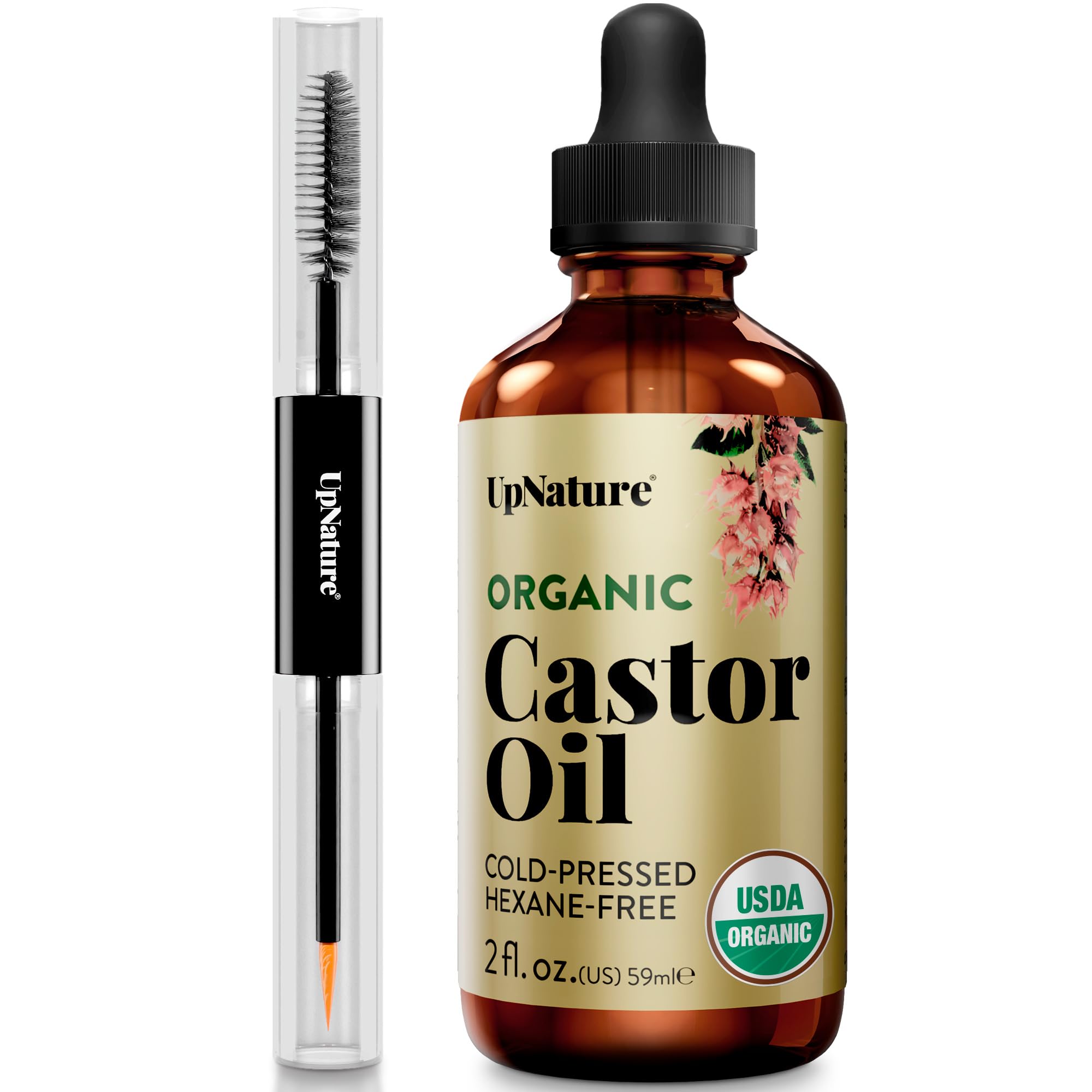 UpNature Castor Oil Eyelash & Eyebrow Growth Serum, USDA Organic, 2oz | Includes mascara wand & brow brush applicators - pure cold-pressed castor oil for lashes, eyebrows & hair growth
