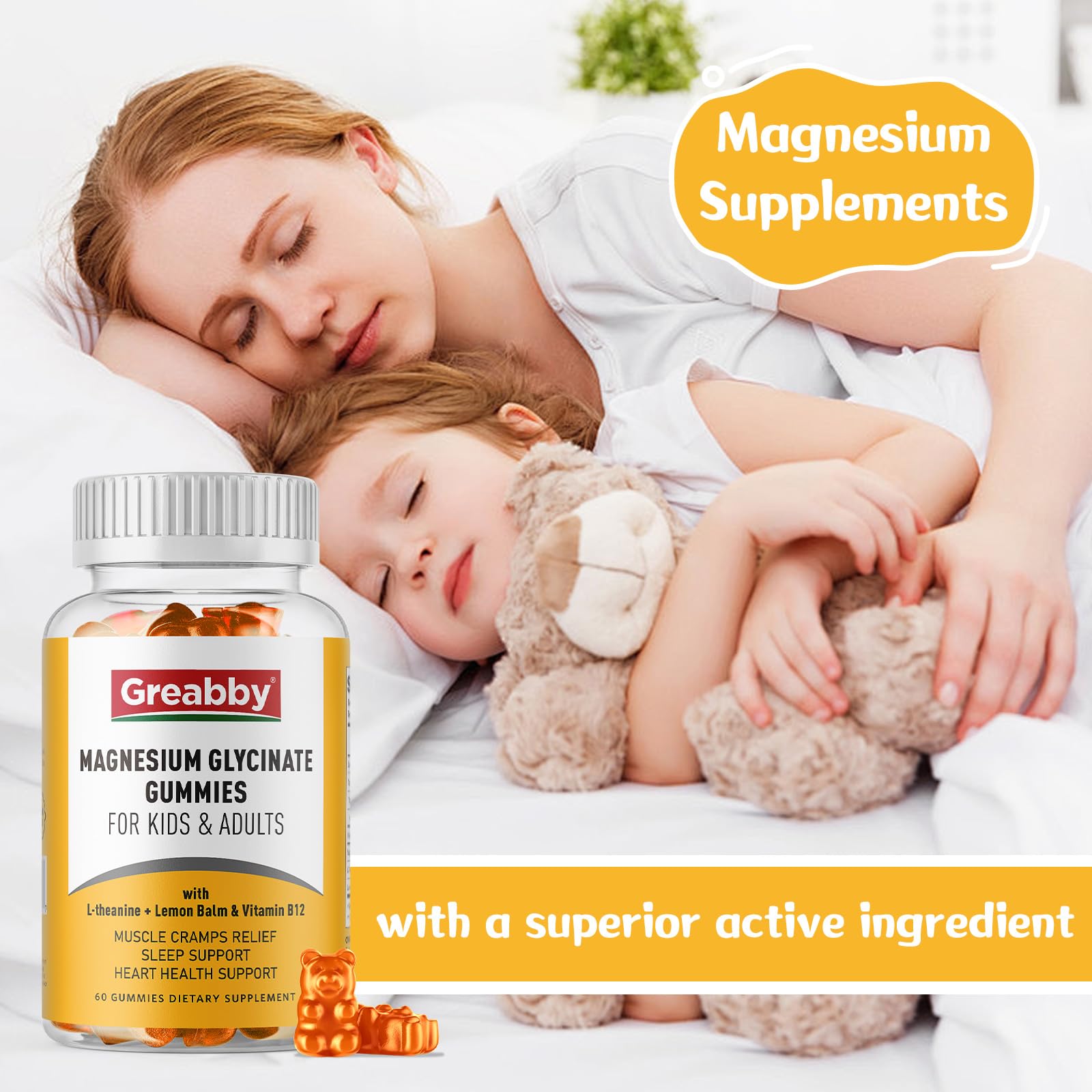 Magnesium Glycinate Gummies for Kids & Adults, 120 Count | Magnesium Glycinate 300mg per Serving, Supplement with L-Theanine, Lemon Balm & Vitamin B12