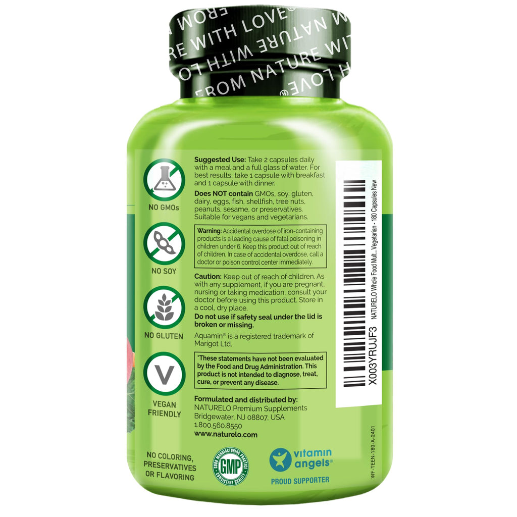 NATURELO Multivitamins for Teenage Girls/Boys, 180 Capsules | Whole Food Multivitamin with Minerals, Non-GMO, Vegetarian
