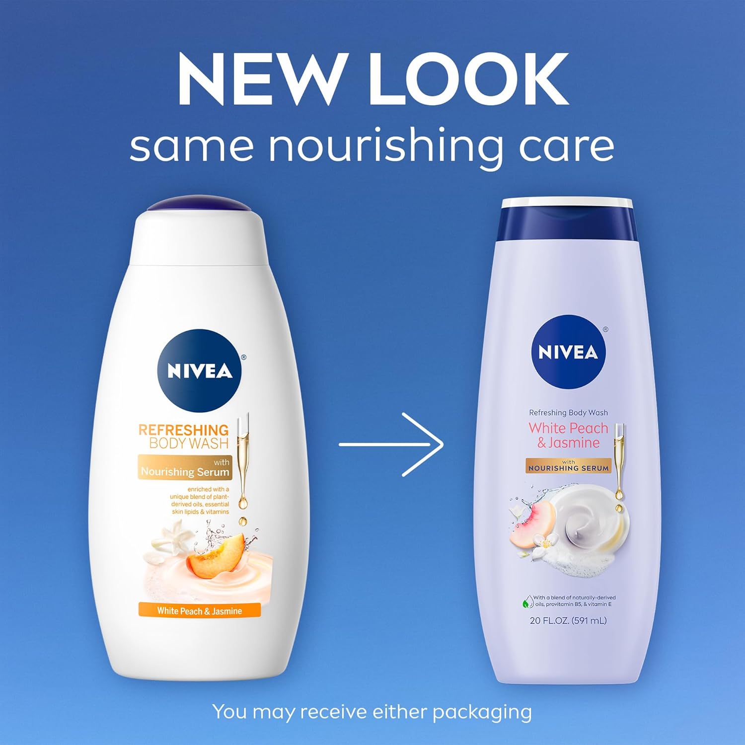 Buy now NIVEA Refreshing White Peach and Jasmine Body Wash with Nourishing Serum, Scented Body Wash for Women, Enriched with Provitamin B5 and Vitamin E, 20 Fl Oz Bottle at indiglob india