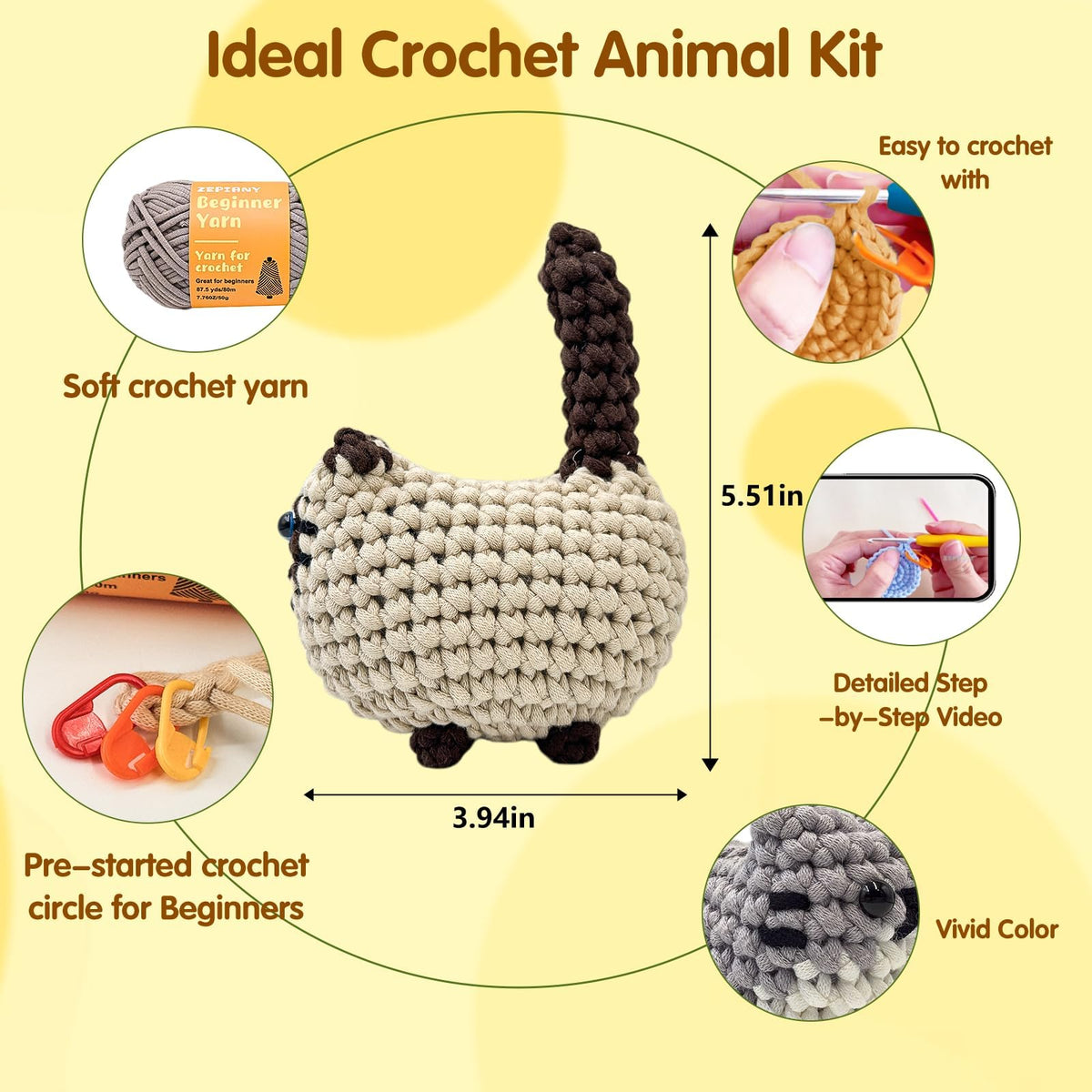 Zepiany Crochet Kit for Beginners Crochet Cat Beginner Crochet Kit for Adults Amigurumi Crochet Animals Cat Crafts Hobby Crochet Kits Easy Knitting Kit