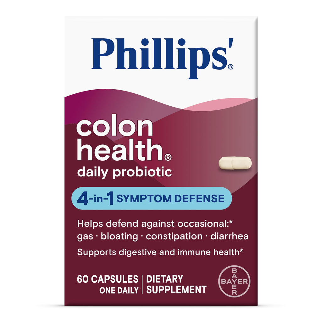 Phillips' Colon Health Daily Probiotic Capsules, 4-in-1 Symptom Defense to Help Defend Against Occasional Gas, Bloating, Constipation, and Diarrhea, Daily Supplement, 90 Count