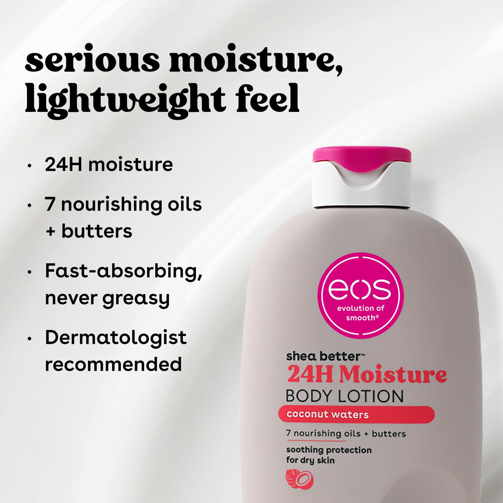 eos Shea Better Body Lotion Coconut Waters, 24-Hour Moisture Skin Care, Lightweight & Non-Greasy, Natural Shea, Vegan, Coconut Body Lotion, 16 fl oz