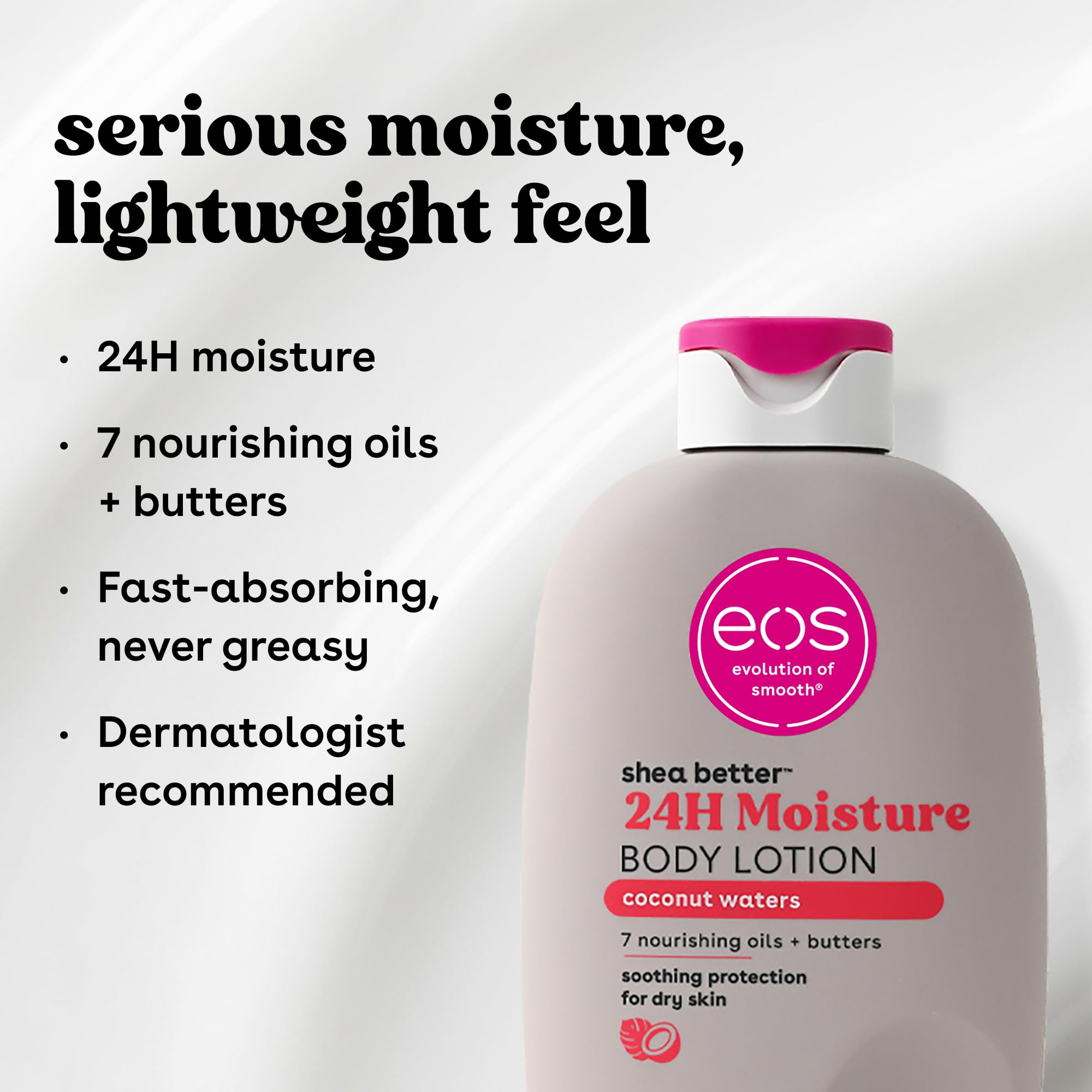 eos Shea Better Body Lotion Coconut Waters, 24-Hour Moisture Skin Care, Lightweight & Non-Greasy, Natural Shea, Vegan, Coconut Body Lotion, 16 fl oz