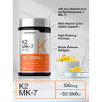 Horbäach Vitamin D3 K2 5000 iu | 100mcg MK-7 Complex | 180 Softgel Capsules | Non-GMO & Gluten Free Supplement