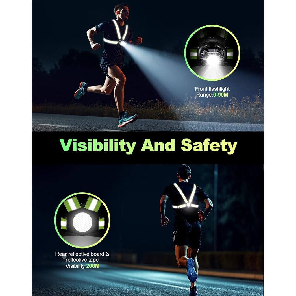 ISEYOU Running Lights for Runners, 500 Lumens Running Light with 45° Adjustable Tilt, 360° Reflective Vest & IPX4 Waterproof Rechargeable Light Up Gear for Night Walking/Cycling/Jogging/Hiking