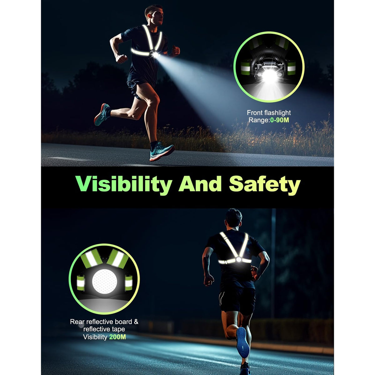 ISEYOU Running Lights for Runners, 500 Lumens Running Light with 45° Adjustable Tilt, 360° Reflective Vest & IPX4 Waterproof Rechargeable Light Up Gear for Night Walking/Cycling/Jogging/Hiking