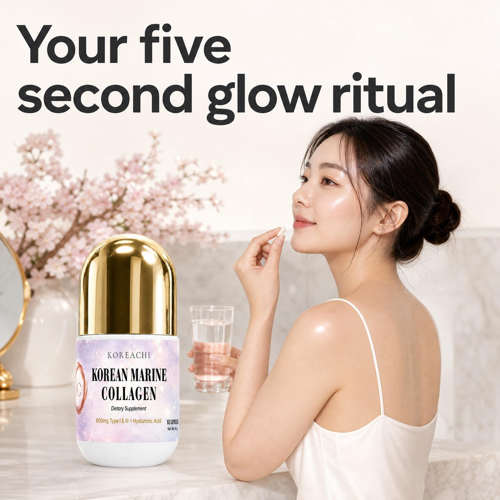 Korean Marine Hydrolyzed Collagen Peptides Capsules, 600mg Type I & III Collagen with Hyaluronic Acid, Vitamin C & Red Ginseng, Collagen Pills for Women, Skin Hydration, Elasticity & Glow - 30 Days