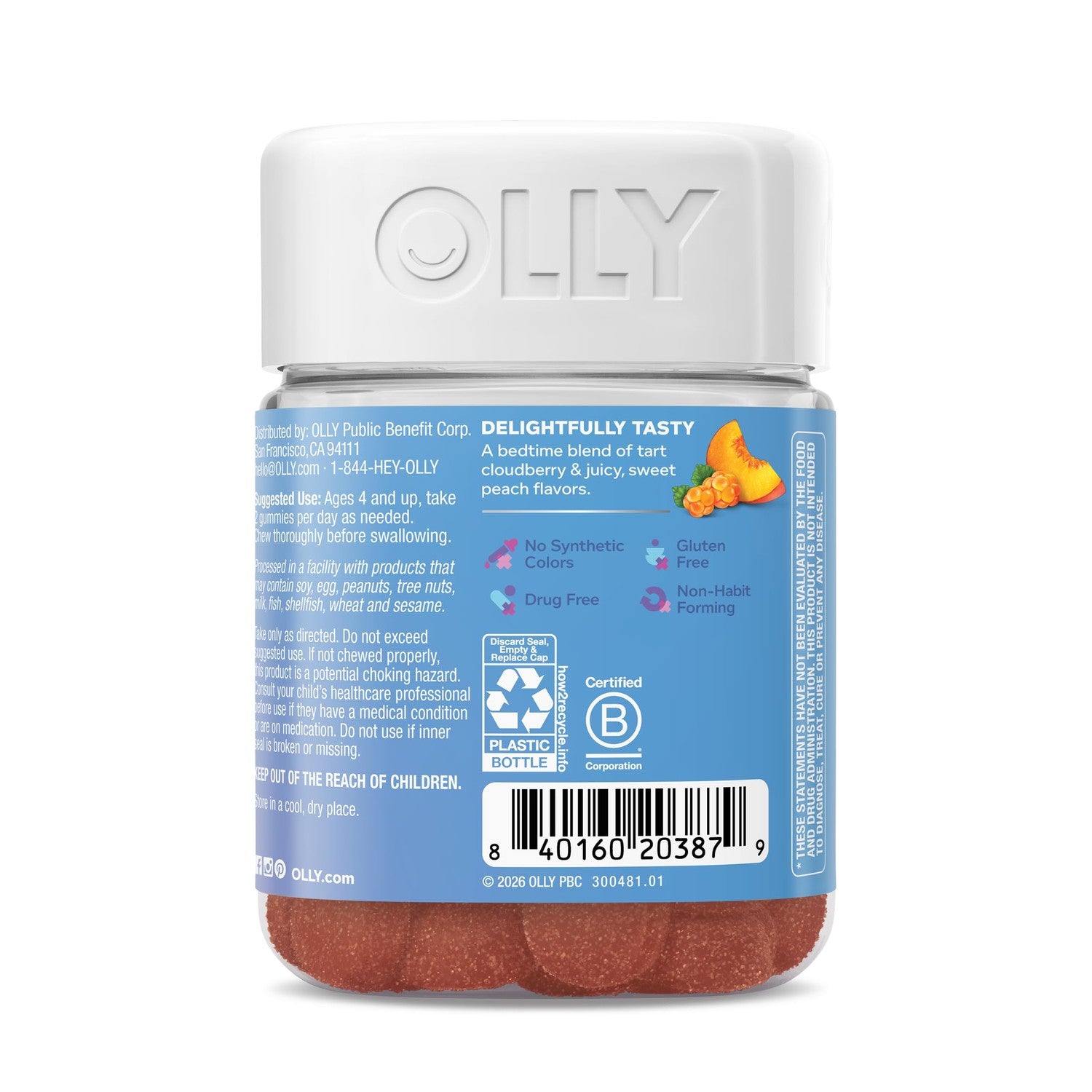 OLLY Kids Melatonin Free Sleep, Magnesium & L-Theanine, Peach - 50 Count