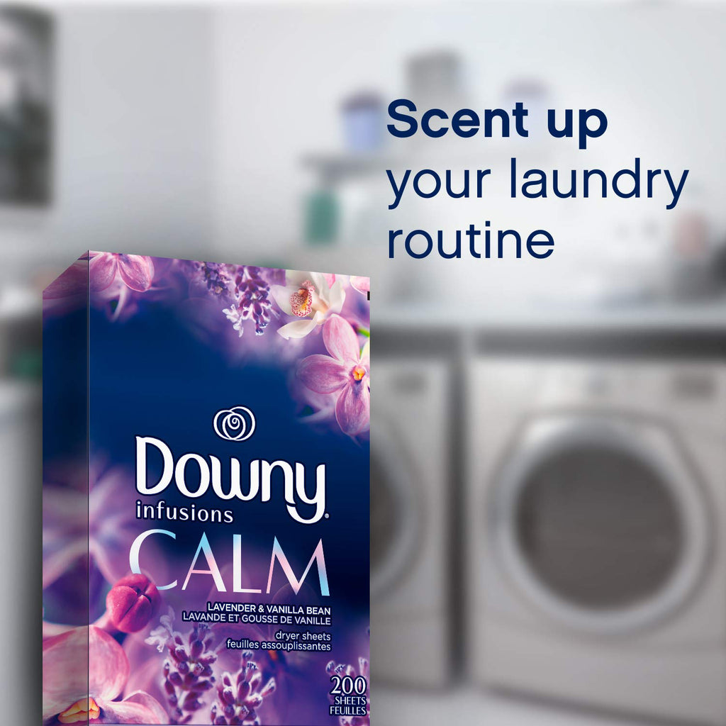 Buy now Downy Infusions Dryer Sheets Laundry Fabric Softener, Calm Scent, Lavender & Vanilla Bean, 200 Count at indiglob india