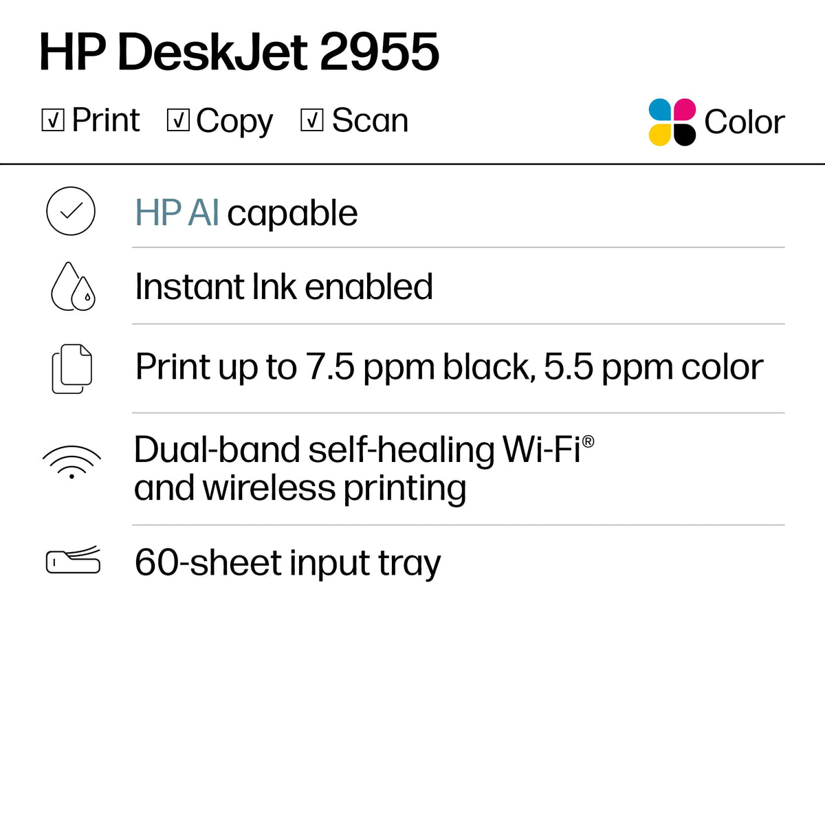 HP DeskJet 2955 Wireless All-in-One Color Inkjet Printer, Scanner, Copier, Best-for-Home, 3 Month Trial of Instant Ink Included, AI-Capable (A24HJA)