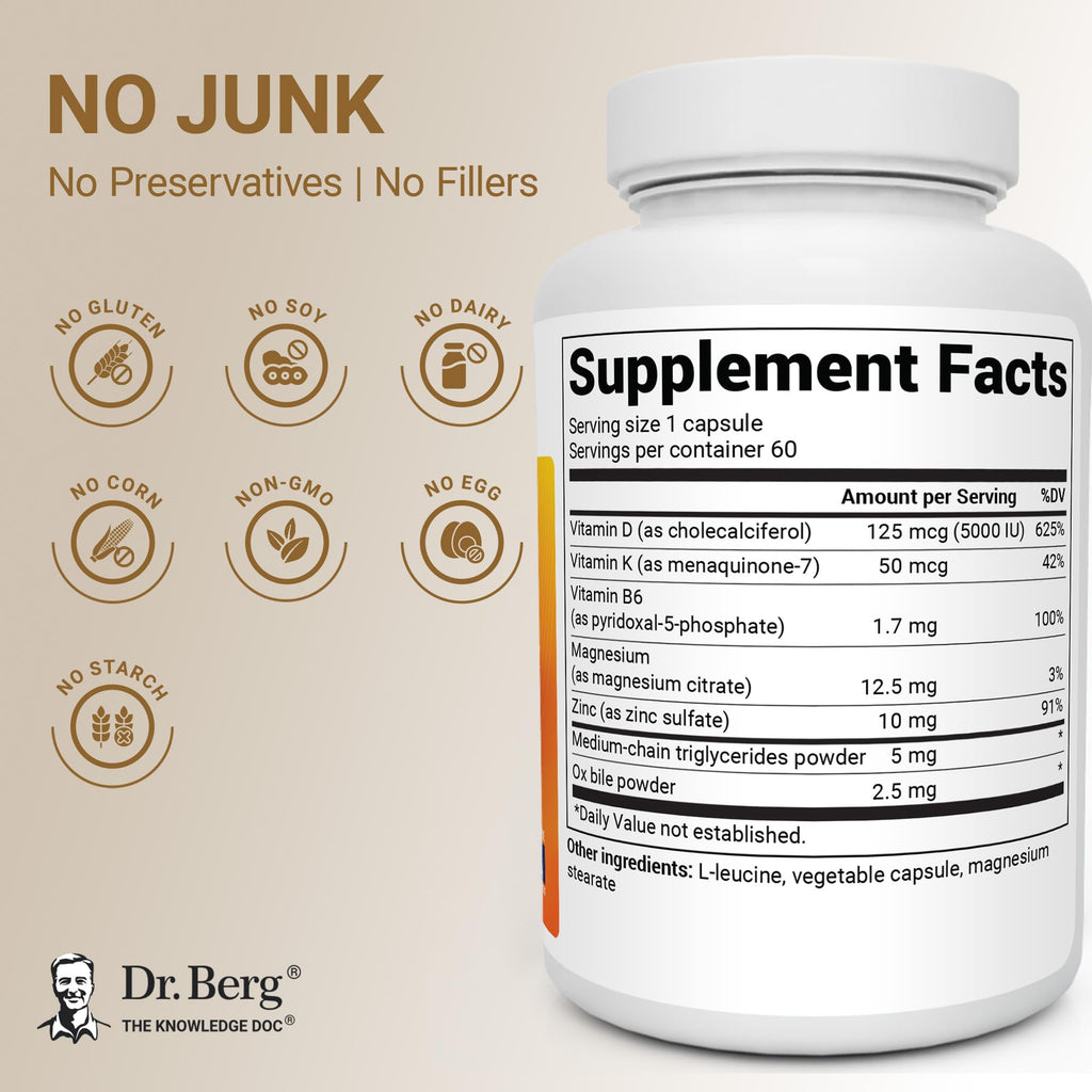 Dr. Berg Maximum Strength 7-in-1 Vitamin D3 K2 5000 IU | Naturally Derived D3 | 4X Lab-Tested & Verified | High Absorption Formula | K2 D3 Vitamin Supplement | 60 Capsules