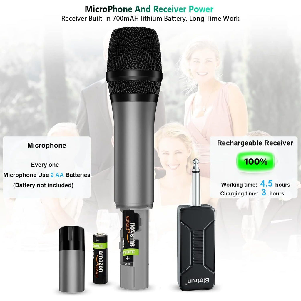 Buy now Bietrun Wireless Microphone, Professional UHF Metal Dual Handheld Cordless Dynamic Mic System Set with Rechargeable Receiver, 1/4‘’Output, Plug and Play, Instrument-Wireless-Mics for Karaoke, Wedding at indiglob india
