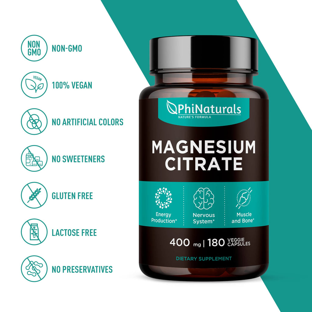 Magnesium Citrate Powder Capsules 400mg - 180 Count Veg Caps - PhiNaturals | Nervous system & Muscle Support · 400 mg High-absorption Mag Citrate Pills · Non-GMO Vegan Capsules - Citrato de Magnesio