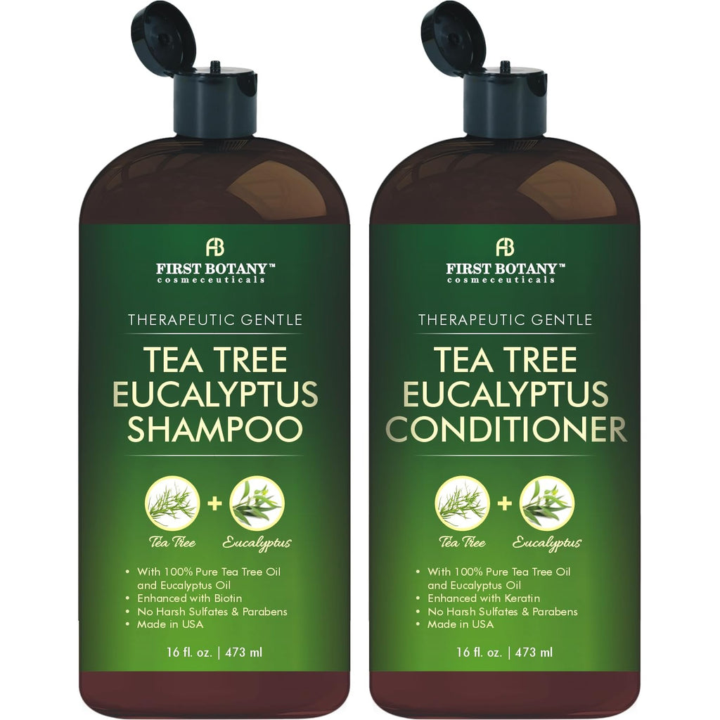 First Botany Tea Tree Mint Shampoo & Conditioner for Men & Women - Pure Tea Tree & Peppermint Oil - Fights Hair Loss, Dandruff, Lice & Itchy Scalp, Promotes Hair Growth - Sulfate Free - 16 Fl Oz x 2