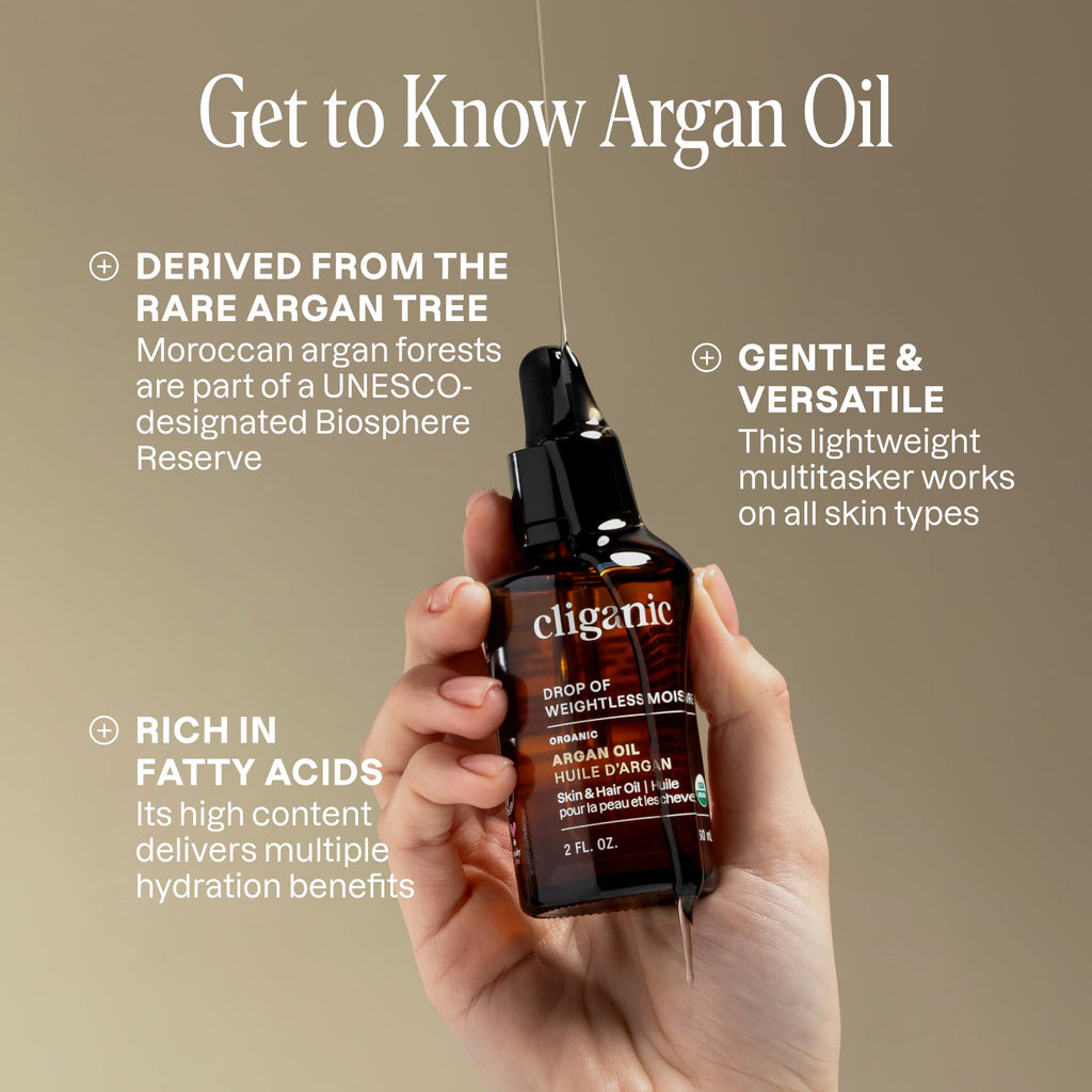Cliganic Organic Argan Oil, 100% Pure - for Hair, Face & Skin | Cold Pressed Carrier Oil, 2 oz