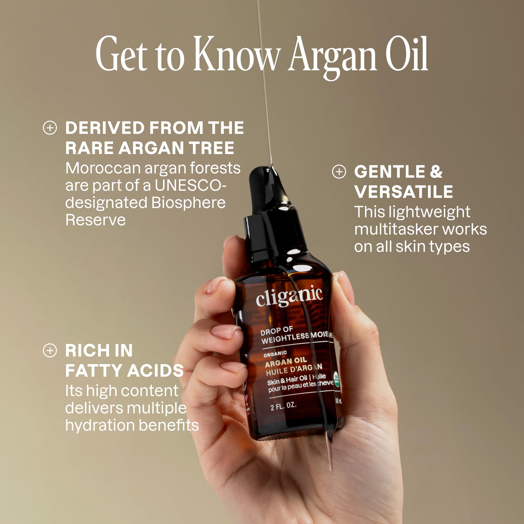 Cliganic Organic Argan Oil, 100% Pure - for Hair, Face & Skin | Cold Pressed Carrier Oil, 2 oz