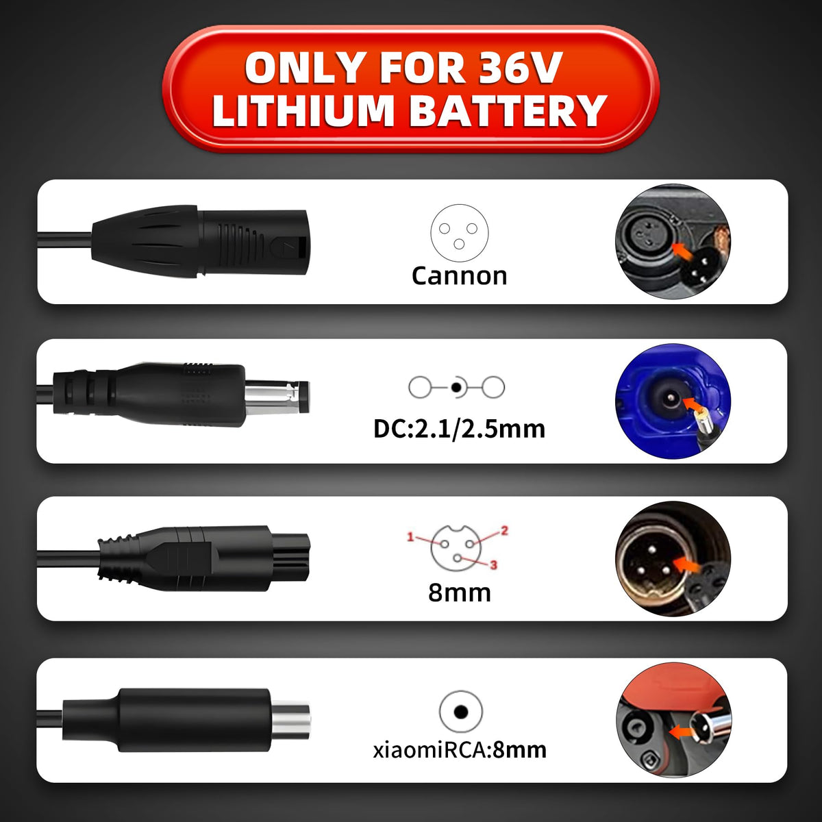 UL Listed 42V 2A Replacement Electric Scooter Charger for 36V with 4 Plugs, Compatible with Scooter Power Adapter