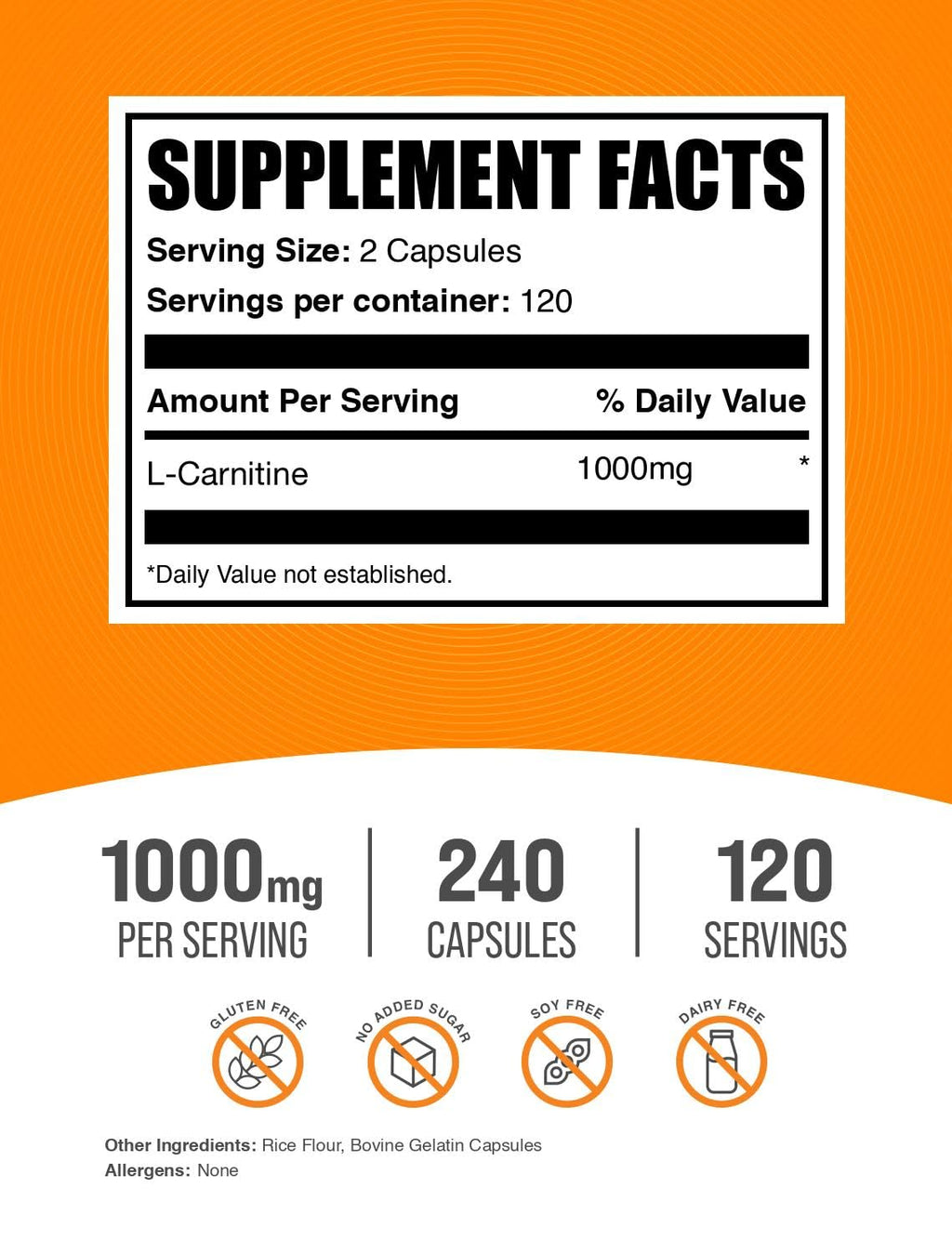 BulkSupplements.com L-Carnitine 1000mg Capsules - Carnitine Supplement, Amino Acid Supplement - Gluten Free, 2 Capsules per Serving (1000mg), 240 Count (Pack of 1)