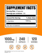 BulkSupplements.com L-Carnitine 1000mg Capsules - Carnitine Supplement, Amino Acid Supplement - Gluten Free, 2 Capsules per Serving (1000mg), 240 Count (Pack of 1)