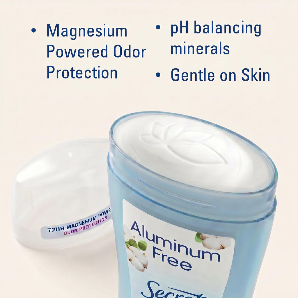 Secret Aluminum Free Deodorant for Women, 72hr Odor Protection, Naturally Derived Ingredients, Free of Parabens Dyes Talc & Baking Soda, PH Balancing Minerals, Dry Solid, Cotton Scent, 2.4 oz