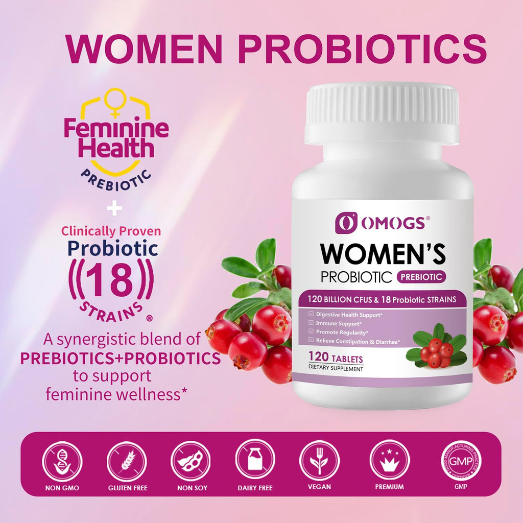 OMOGS 2PCS Women's Probiotic, with Cranberry Extract, Organic Prebiotics & Vitamin C, 120 Billion CFUs,18 Strains, Help for Boost Immune, Digestive, Gut Health & Women's Health, 240 Tablets
