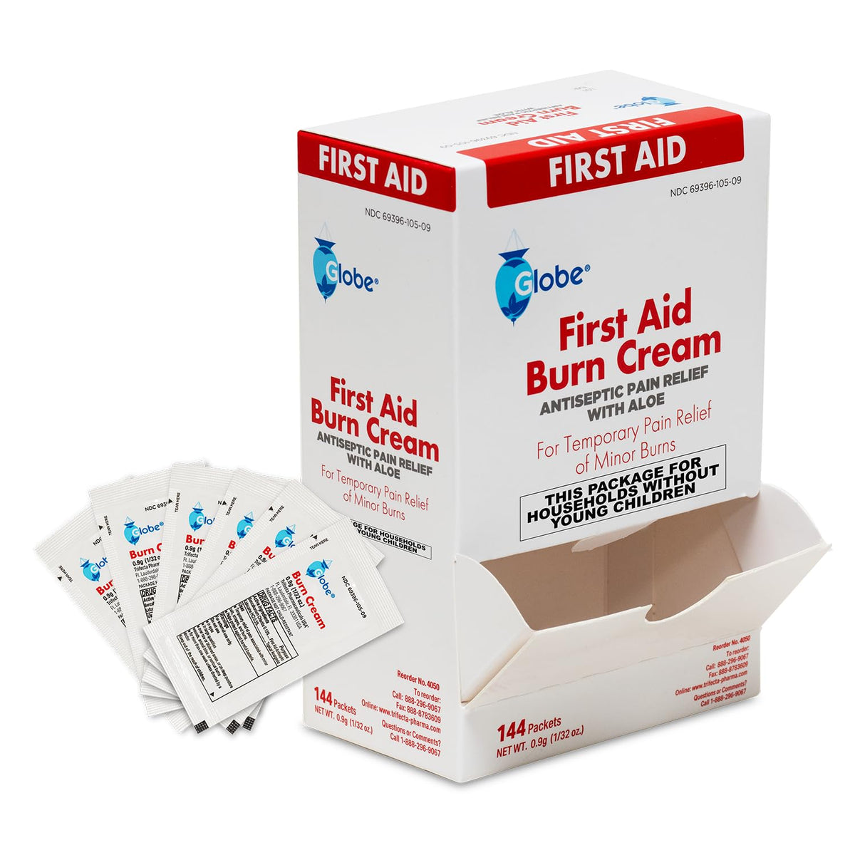 Globe First Aid Burn Cream, Aloe Formula, 0.9 g, Box of 144