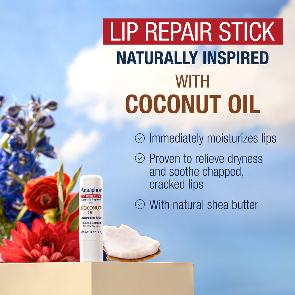 Aquaphor Naturally Inspired Lip Repair Stick with Coconut Oil, 0.17 OZ | Coconut Oil Lip Balm with Shea Butter Immediately Relieves Dryness, Dye, Preservative and Fragrance Free