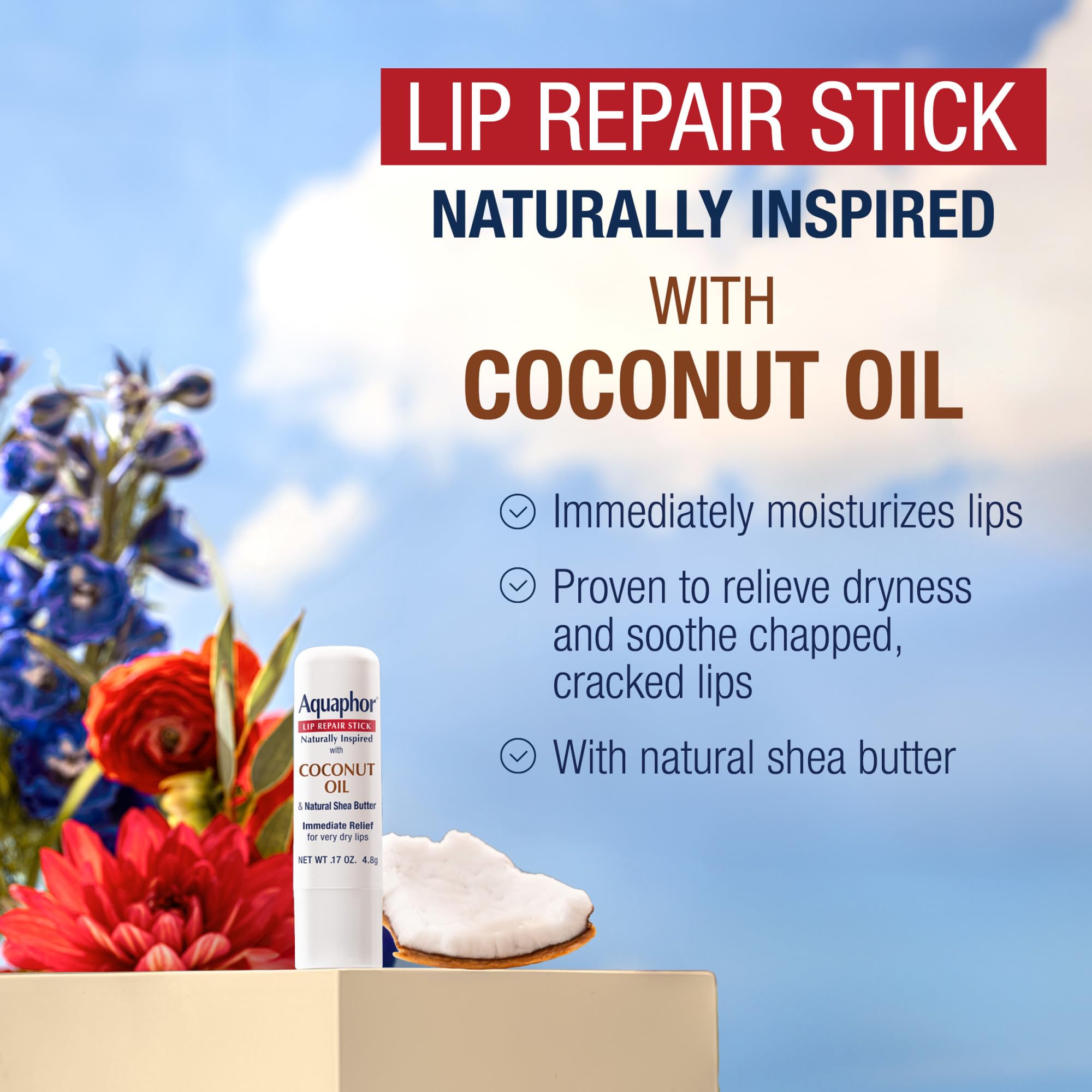 Aquaphor Naturally Inspired Lip Repair Stick with Coconut Oil, 0.17 OZ | Coconut Oil Lip Balm with Shea Butter Immediately Relieves Dryness, Dye, Preservative and Fragrance Free