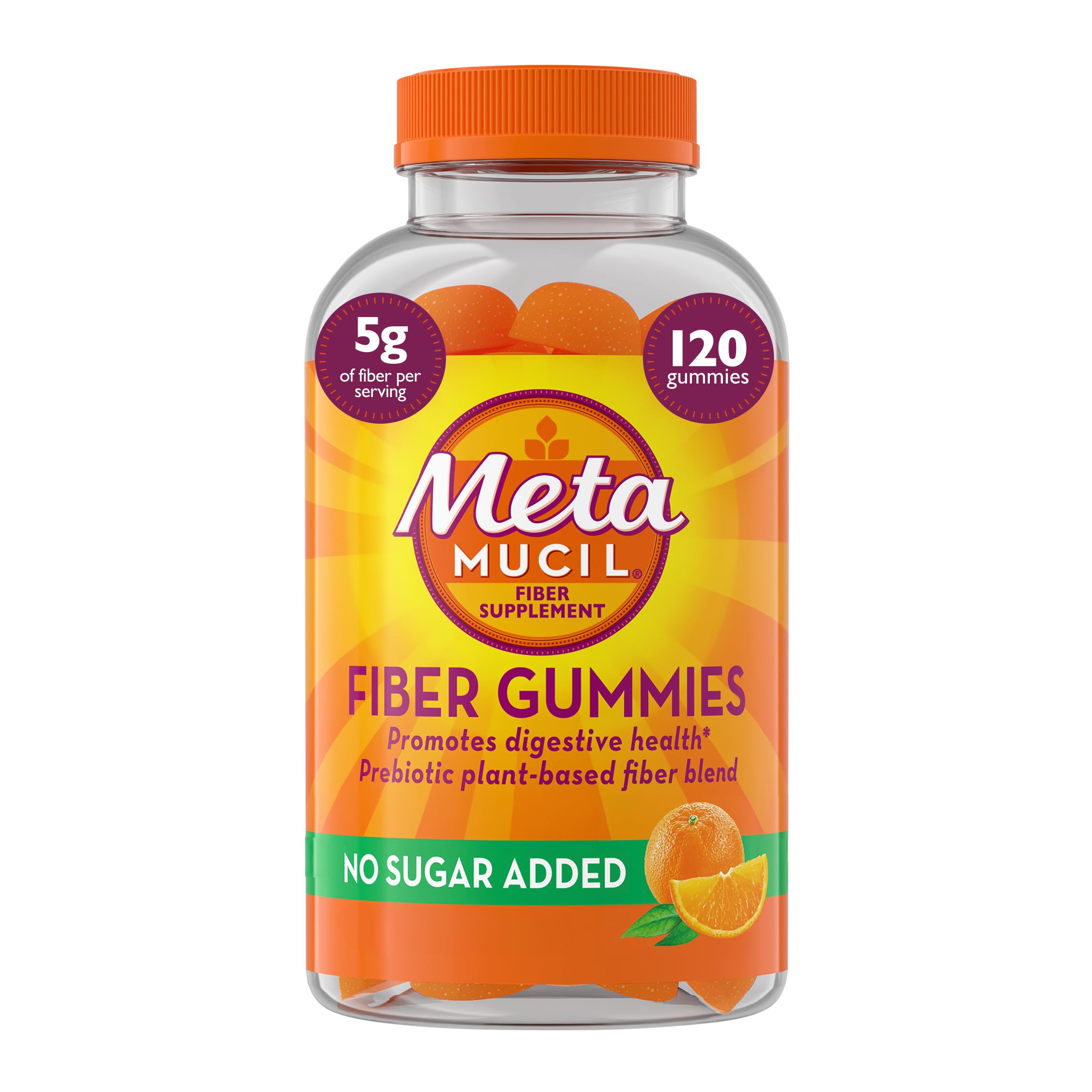 Metamucil Fiber Gummies for Adults, No Sugar Added Orange Flavor, 5g Plant Based Prebiotic Fiber Supplement Blend, 72 Count