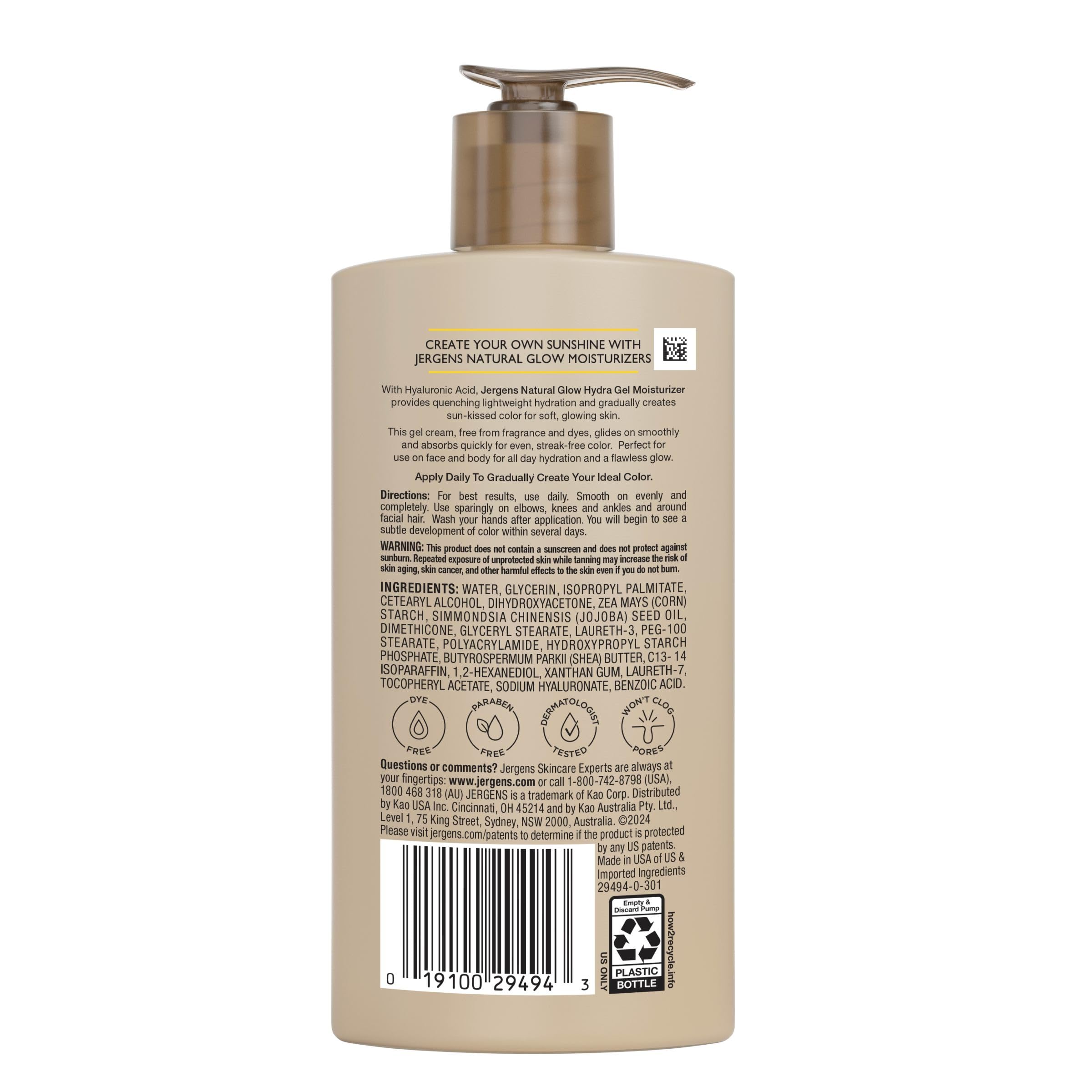 Jergens Natural Glow Hydra Gel Moisturizer, Hyaluronic Acid Tanning Lotion, Hydrating Tanning Gel, Fragrance-Free Self Tanner, 8.3 Fl Oz