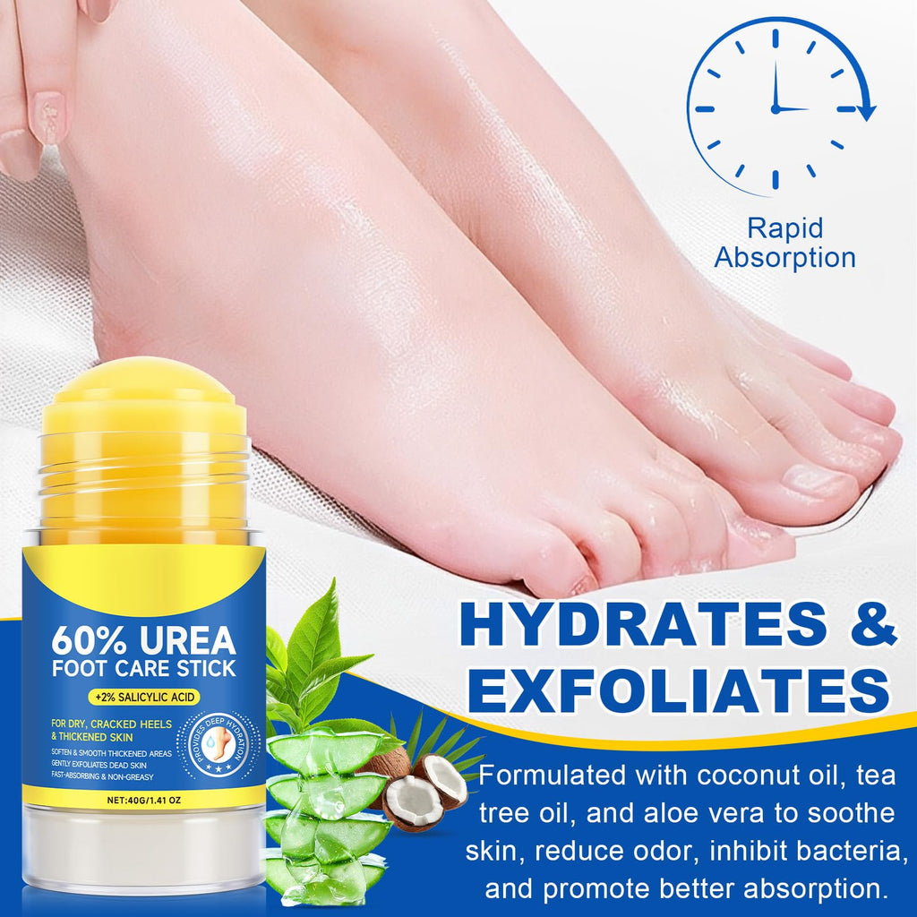 60% Urea Cream Stick plus 2% Salicylic Acid, Maximum Strength Urea Foot Cream Callus Remover for Dry Cracked Heels, Hands, Knees,Exfoliating Moisturizer, Dead Skin Remover Foot Balm 1.4oz (1pcs)