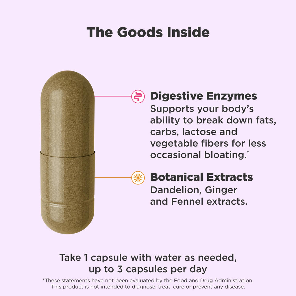 OLLY Beat The Bloat Capsules, Digestive Support Enzymes, Supplement for Women - 25 Count