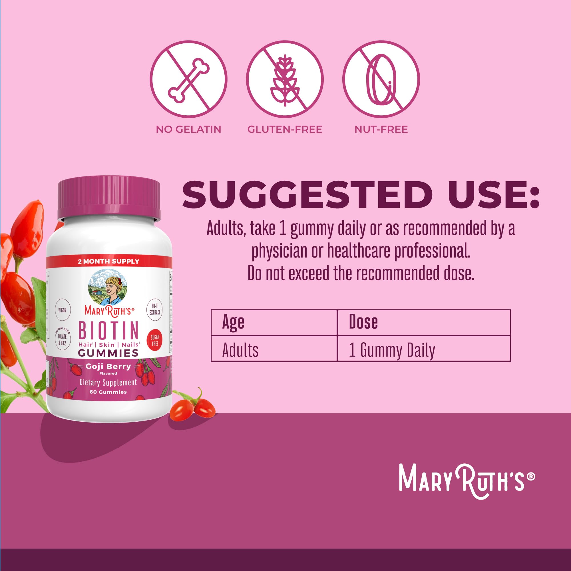 MARYRUTH'S Biotin Gummies, Hair Growth, Vegan, Sugar Free, Non-GMO, 60 Ct | Sugar Free, Vegan, Non-GMO, 2,500 mcg Biotin, Hair Skin and Nails
