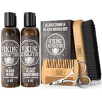Viking Revolution Beard Comb and Beard Brush Set with Velvet Pouch | Includes Natural Boar Bristle Brush & Dual Action Pear Wood Comb - Velvet Travel Pouch Included - For Beards & Mustaches