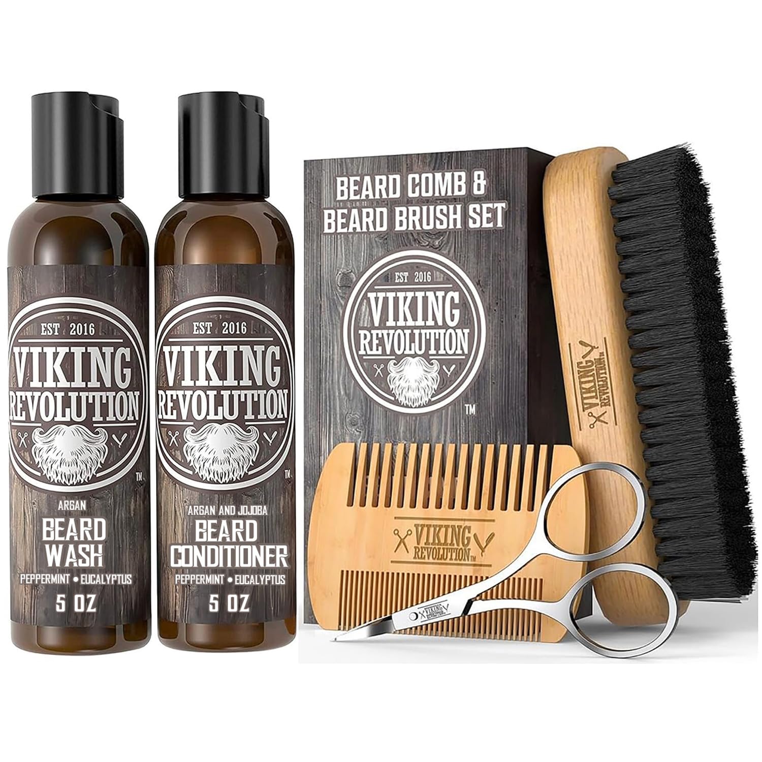 Viking Revolution Beard Comb and Beard Brush Set with Velvet Pouch | Includes Natural Boar Bristle Brush & Dual Action Pear Wood Comb - Velvet Travel Pouch Included - For Beards & Mustaches