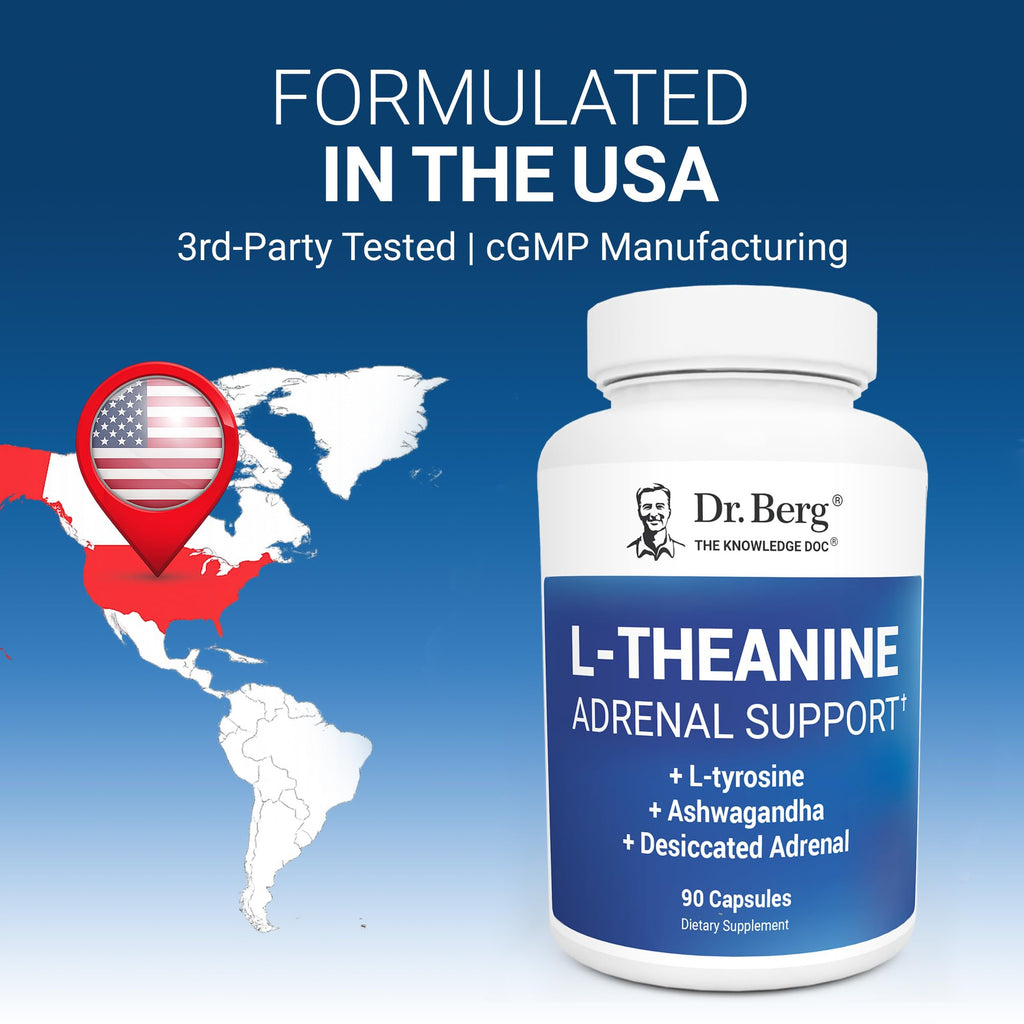Dr. Berg 600 mg L-Theanine Adrenal Support - 90 Capsules with Ashwagandha & L-Tyrosine, Zinc & Manganese - Advanced 9-in-1 Adaptogen & Mineral Formula - No Fillers*