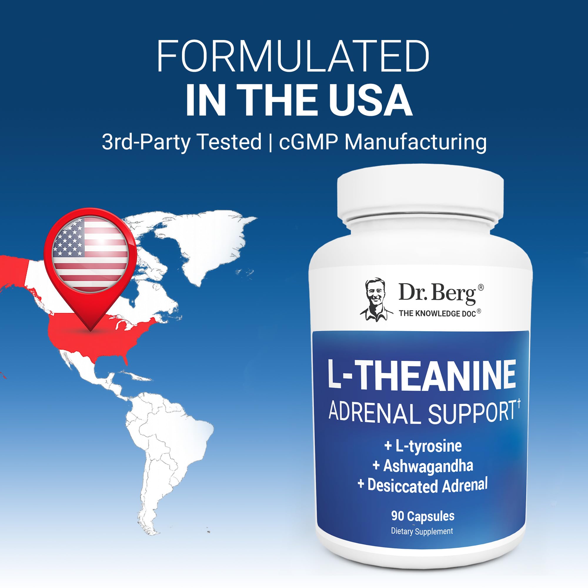 Dr. Berg 600 mg L-Theanine Adrenal Support - 90 Capsules with Ashwagandha & L-Tyrosine, Zinc & Manganese - Advanced 9-in-1 Adaptogen & Mineral Formula - No Fillers*