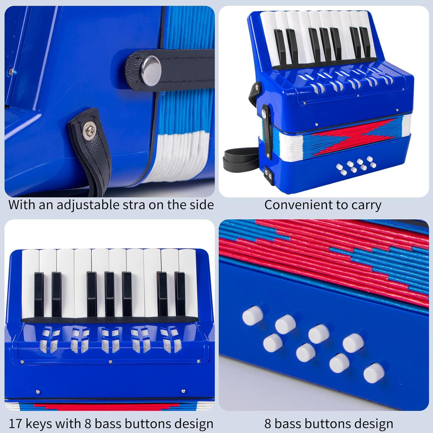 Buy now Accordion, 17 Keys Piano Accordion 8 Bass with Straps for Beginners Kids Student Educational Musical Instrument (Blue) at indiglob india