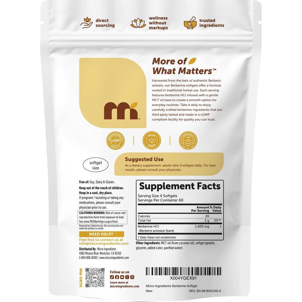 Micro Ingredients Berberine 1000mg with MCT Oil, 240 Softgels | Berberine HCl Supplement | Sourced from Berberis Aristata | Non-GMO, Gluten Free, No Soy