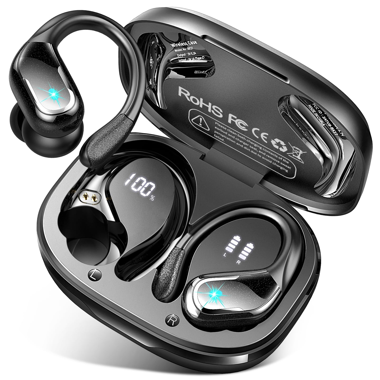 Buy now Ltinist Wireless Earbud, Bluetooth 5.3 Headphones Pure Bass Sound with Earhooks, 75H Battery Over Ear Headphones with Dual-LED Display, IP7 Waterproof Earphones Built-in Microphone for Running Sports Black at indiglob india