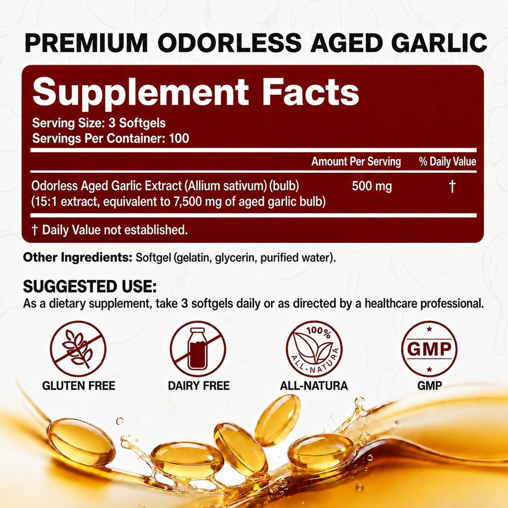 Aged Garlic Extract - 7500mg Odorless 300 Softgels, 2 Years Matured