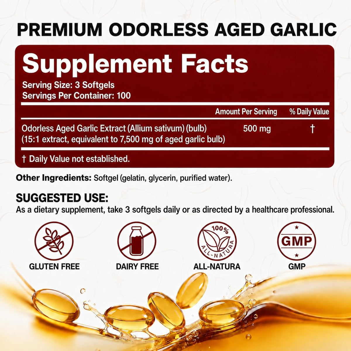 Aged Garlic Extract - 7500mg Odorless 300 Softgels, 2 Years Matured