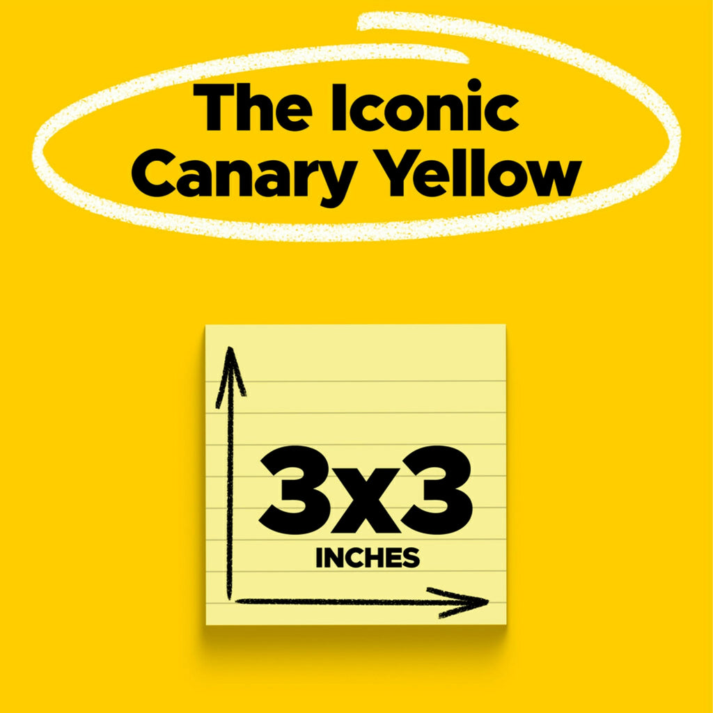 Post-it Notes, 3 x 3 in, The Iconic Canary Yellow Note, 12 Lined Pads